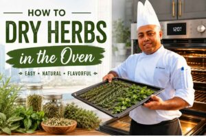 Chef in a white uniform holding a tray of fresh herbs beside an open oven, with jars of dried herbs and greenery in the foreground. The image features the title “How to Dry Herbs in the Oven” with a bright kitchen background, showcasing an easy homemade herb drying process.