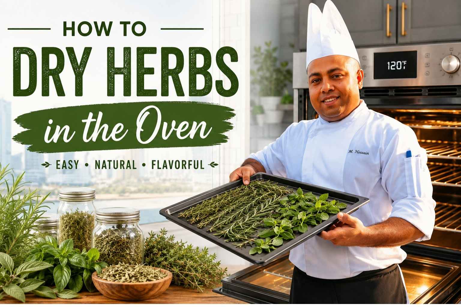 Chef in a white uniform holding a tray of fresh herbs beside an open oven, with jars of dried herbs and greenery in the foreground. The image features the title “How to Dry Herbs in the Oven” with a bright kitchen background, showcasing an easy homemade herb drying process.