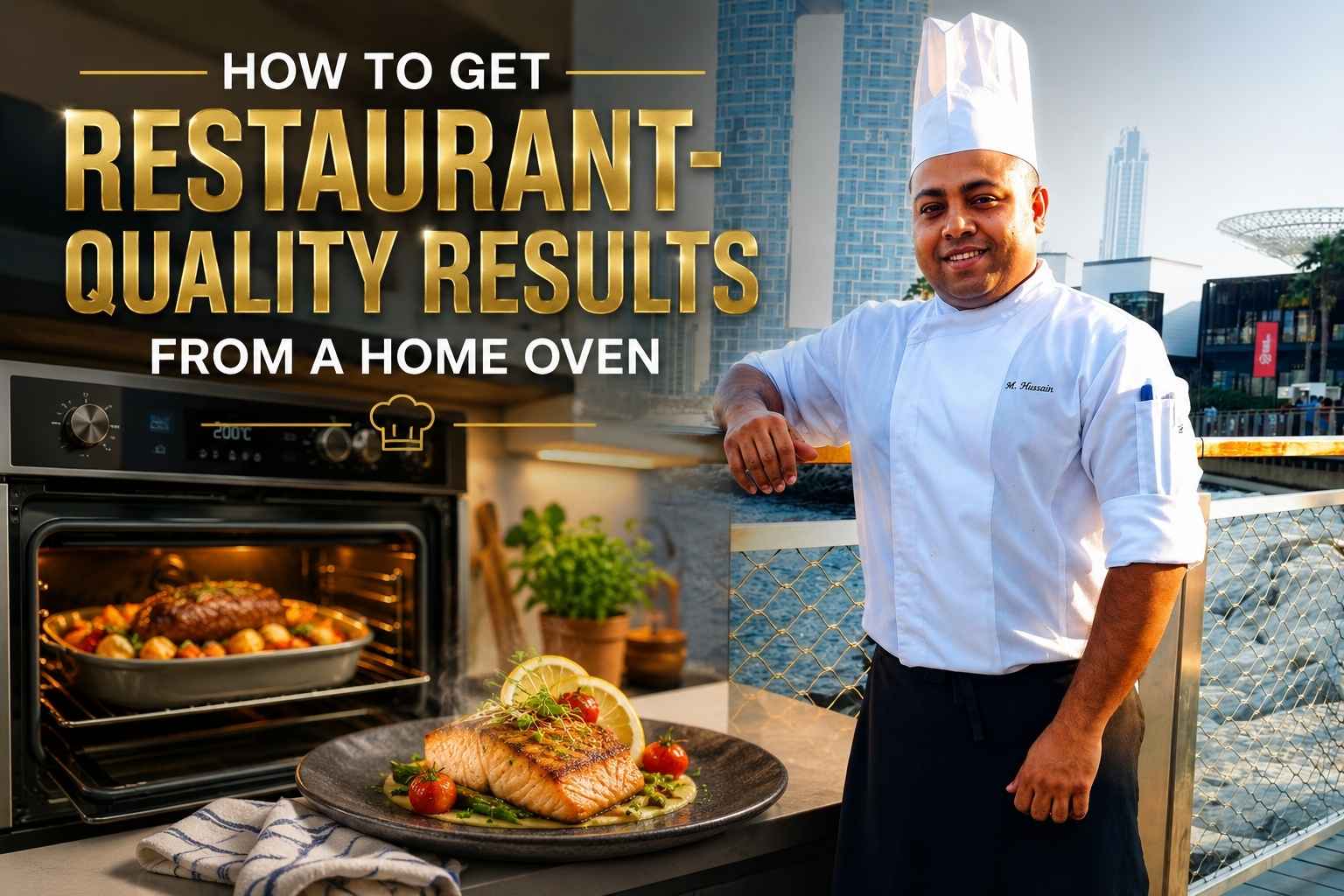 Professional chef in a white uniform standing beside a modern home oven and plated gourmet dish, with a city waterfront background. Promotional banner text reads “How to Get Restaurant-Quality Results from a Home Oven,” highlighting a cooking tutorial about achieving restaurant-style meals at home.