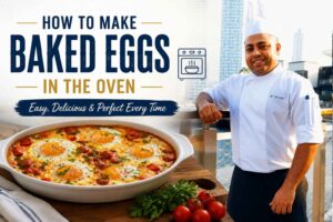 "Professional chef standing by a waterfront promenade next to a featured dish of baked eggs, with the title 'How to Make Baked Eggs in the Oven – Easy, Delicious & Perfect Every Time' on a clean, modern cooking tutorial banner."