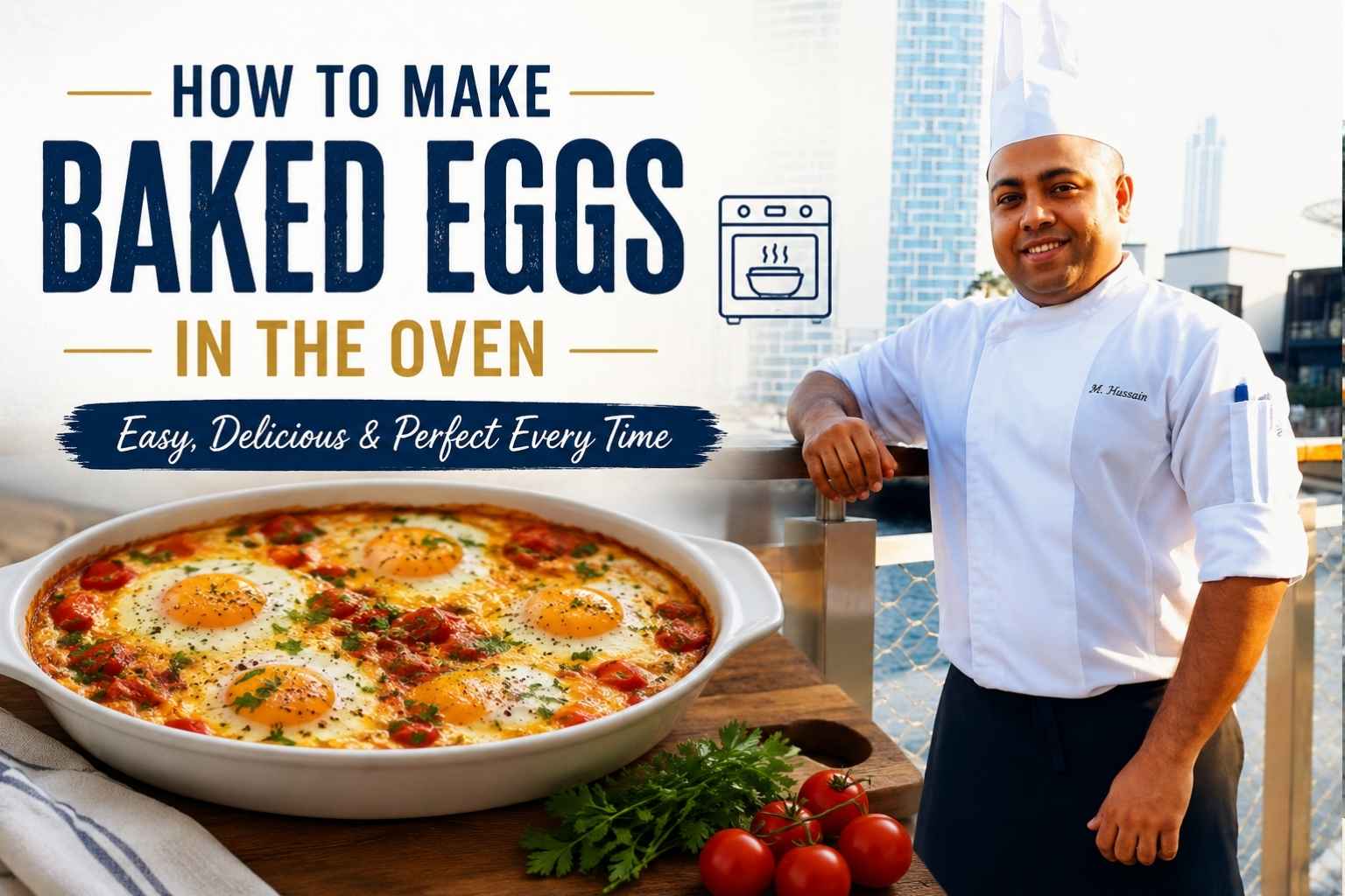 "Professional chef standing by a waterfront promenade next to a featured dish of baked eggs, with the title 'How to Make Baked Eggs in the Oven – Easy, Delicious & Perfect Every Time' on a clean, modern cooking tutorial banner."