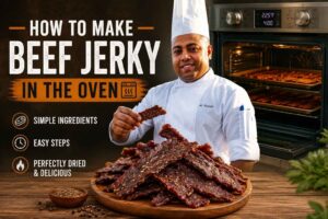 A smiling chef in a white uniform and tall chef hat stands beside a tray of homemade beef jerky in front of an open oven, with large bold text reading “How to Make Beef Jerky in the Oven.” The design features a rustic wooden table piled with beef jerky, ingredient and cooking icons, and a warm dark background styled like a professional food blog or recipe tutorial cover image.