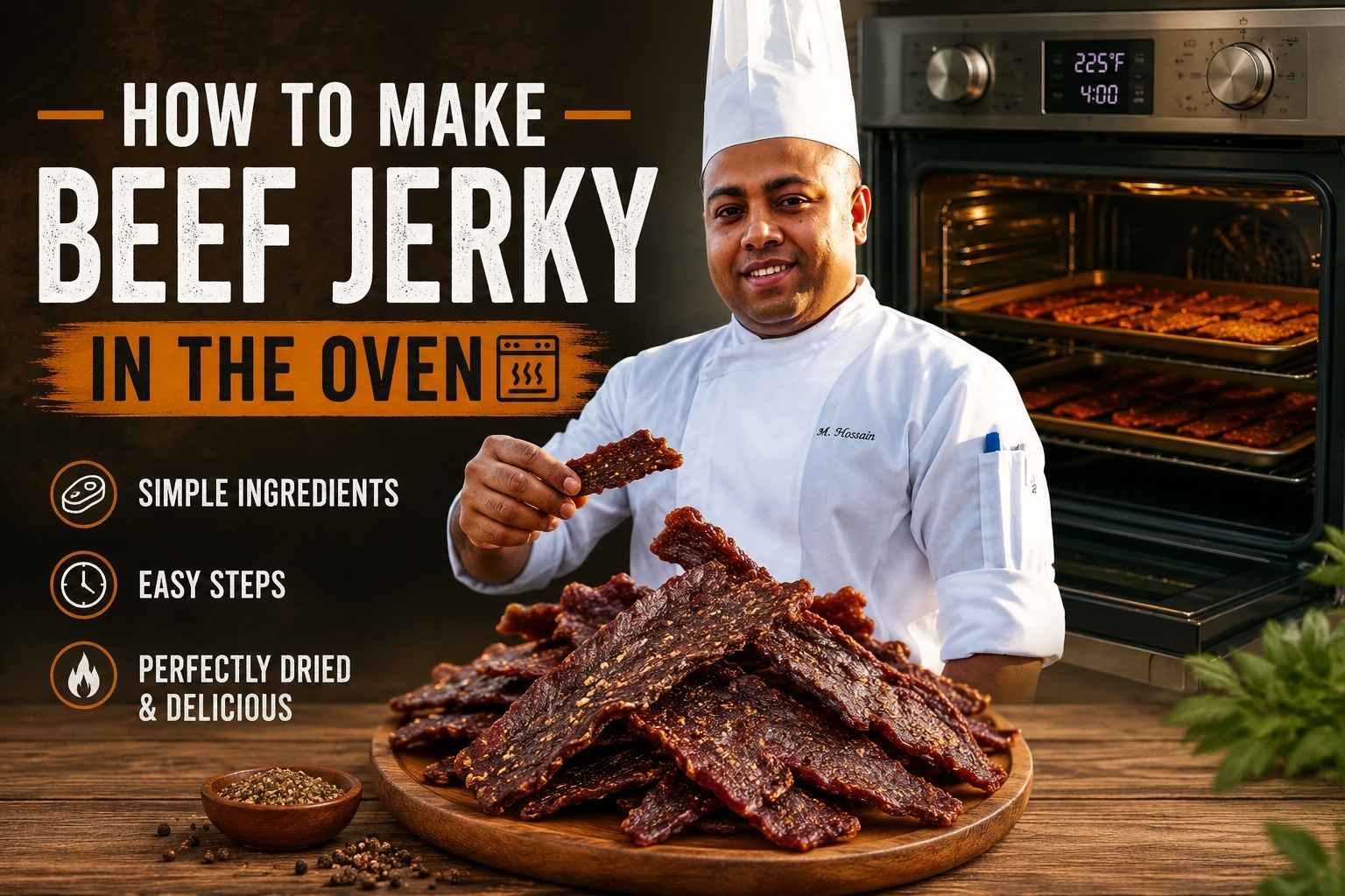 A smiling chef in a white uniform and tall chef hat stands beside a tray of homemade beef jerky in front of an open oven, with large bold text reading “How to Make Beef Jerky in the Oven.” The design features a rustic wooden table piled with beef jerky, ingredient and cooking icons, and a warm dark background styled like a professional food blog or recipe tutorial cover image.
