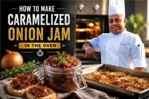 Chef in a white uniform and tall chef’s hat standing beside a tray of oven-roasted onions and a jar of rich caramelized onion jam. Large text reads “How to Make Caramelized Onion Jam in the Oven.” Fresh thyme, sliced bread topped with onion jam, and a warm kitchen oven in the background create an inviting cooking tutorial feature image.