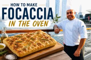 Chef in a white uniform standing on a waterfront promenade with a modern city skyline in the background, alongside a golden-brown focaccia bread topped with rosemary and olive oil. Bold text reads “How to Make Focaccia in the Oven,” creating an inviting feature image for a homemade bread recipe.
