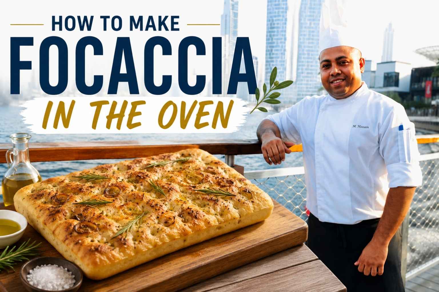 Chef in a white uniform standing on a waterfront promenade with a modern city skyline in the background, alongside a golden-brown focaccia bread topped with rosemary and olive oil. Bold text reads “How to Make Focaccia in the Oven,” creating an inviting feature image for a homemade bread recipe.