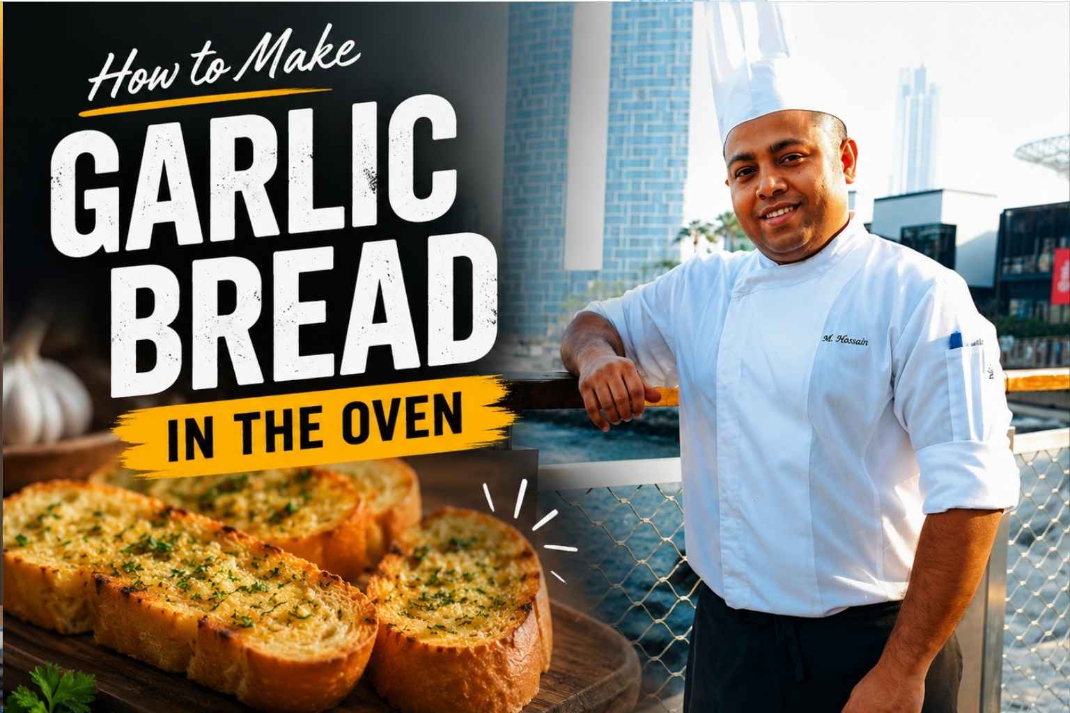 A professional chef in a white uniform stands on a waterfront promenade with a modern city skyline in the background. Beside him is a close-up image of golden, toasted garlic bread garnished with herbs. Large headline text reads, “How to Make Garlic Bread in the Oven,” with additional text highlighting the recipe as easy, buttery, crispy, and delicious.