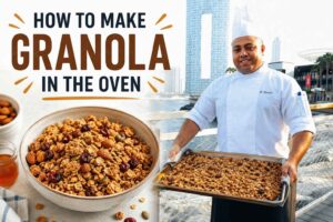 Feature image for a granola recipe tutorial showing a chef in a white uniform holding a tray of freshly baked granola on a waterfront boardwalk, alongside a bowl of crunchy granola with almonds and dried berries. Large headline text reads “How to Make Granola in the Oven,” creating a warm and inviting cooking blog cover image.