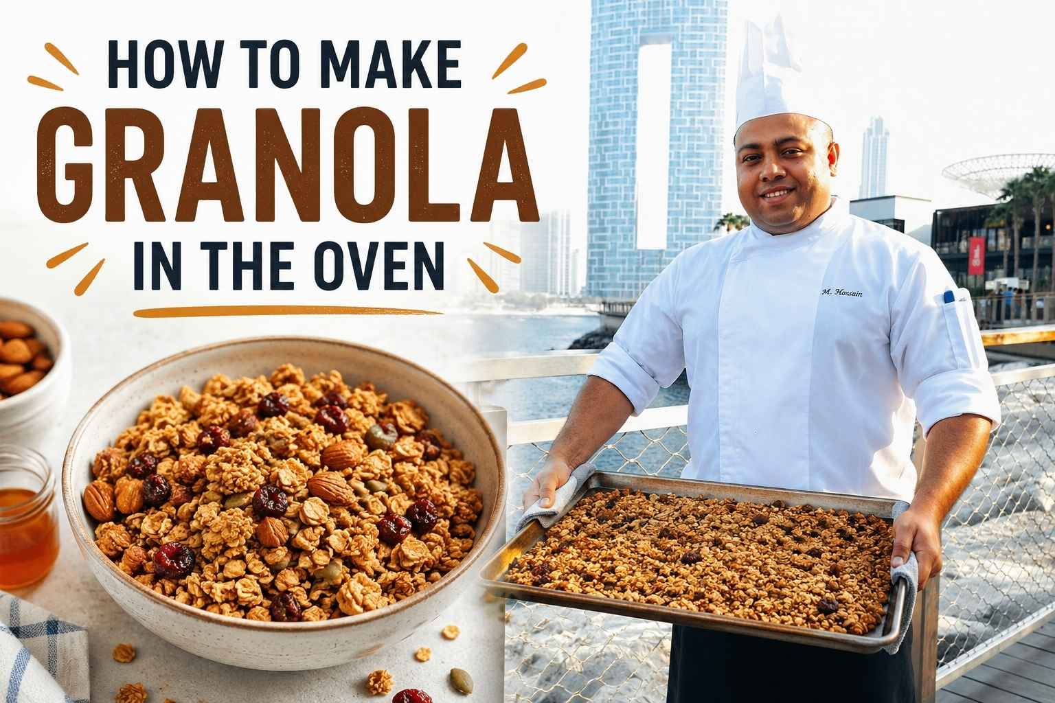Feature image for a granola recipe tutorial showing a chef in a white uniform holding a tray of freshly baked granola on a waterfront boardwalk, alongside a bowl of crunchy granola with almonds and dried berries. Large headline text reads “How to Make Granola in the Oven,” creating a warm and inviting cooking blog cover image.