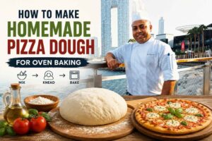 Professional chef in a white uniform and tall chef hat standing on a waterfront promenade with a modern city skyline in the background. In the foreground, a large ball of homemade pizza dough, fresh tomatoes, olive oil, flour, and a baked pizza are displayed on a wooden table. Bold text reads “How to Make Homemade Pizza Dough for Oven Baking,” with simple icons illustrating the steps: mix, knead, and bake. The image serves as a feature graphic for a homemade pizza dough recipe tutorial.