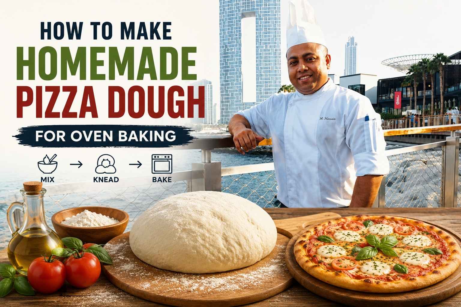 Professional chef in a white uniform and tall chef hat standing on a waterfront promenade with a modern city skyline in the background. In the foreground, a large ball of homemade pizza dough, fresh tomatoes, olive oil, flour, and a baked pizza are displayed on a wooden table. Bold text reads “How to Make Homemade Pizza Dough for Oven Baking,” with simple icons illustrating the steps: mix, knead, and bake. The image serves as a feature graphic for a homemade pizza dough recipe tutorial.