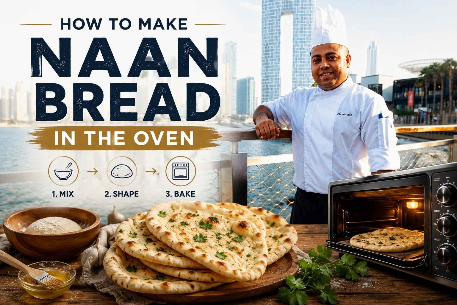 "Feature image for a naan bread baking tutorial. A chef in a white uniform and tall chef hat stands smiling beside a waterfront promenade with a modern city skyline in the background. Large headline text reads 'How to Make Naan Bread in the Oven.' In the foreground, freshly baked naan bread is displayed on a wooden table alongside baking ingredients, while an oven contains a naan bread ready to bake. Simple icons illustrate the steps: mix, shape, and bake."