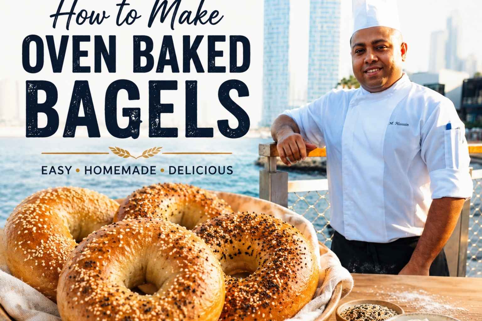 Professional chef in a white uniform and chef’s hat standing on a waterfront promenade with a modern city skyline in the background. In the foreground, a basket of golden, freshly baked bagels topped with sesame and seasoning is displayed beside the title “How to Make Oven Baked Bagels – Easy • Homemade • Delicious,” creating an inviting cooking tutorial feature image.