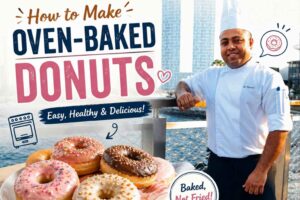 "Feature image for a 'How to Make Oven-Baked Donuts' recipe showing a smiling chef in a white uniform standing on a waterfront boardwalk with a modern city skyline in the background. Large text reads 'How to Make Oven-Baked Donuts,' while a plate of colorful glazed donuts is displayed in the foreground with graphics highlighting that they are baked, not fried."