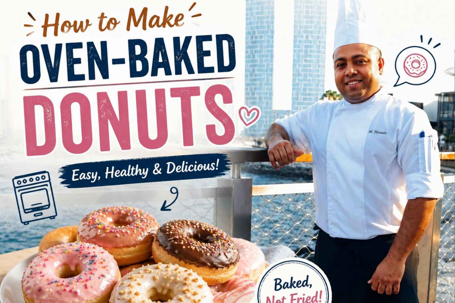 "Feature image for a 'How to Make Oven-Baked Donuts' recipe showing a smiling chef in a white uniform standing on a waterfront boardwalk with a modern city skyline in the background. Large text reads 'How to Make Oven-Baked Donuts,' while a plate of colorful glazed donuts is displayed in the foreground with graphics highlighting that they are baked, not fried."