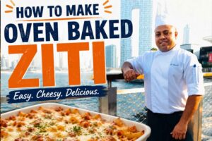 Feature image for “How to Make Oven Baked Ziti” showing a chef in a white uniform standing on a waterfront boardwalk with a modern city skyline in the background. In the foreground, a baked ziti casserole topped with melted cheese is displayed, with bold headline text reading “How to Make Oven Baked Ziti” and the tagline “Easy. Cheesy. Delicious.”