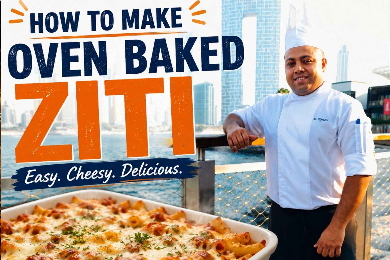 Feature image for “How to Make Oven Baked Ziti” showing a chef in a white uniform standing on a waterfront boardwalk with a modern city skyline in the background. In the foreground, a baked ziti casserole topped with melted cheese is displayed, with bold headline text reading “How to Make Oven Baked Ziti” and the tagline “Easy. Cheesy. Delicious.”