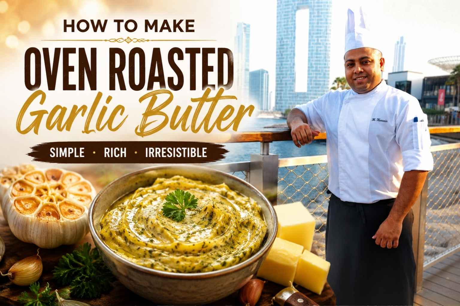Professional chef in a white uniform standing by a waterfront boardwalk with a modern city skyline in the background, alongside a bowl of creamy oven roasted garlic butter, roasted garlic bulbs, fresh herbs, and butter cubes. Large text reads “How to Make Oven Roasted Garlic Butter – Simple • Rich • Irresistible.”