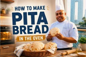 Professional chef in a white uniform and tall chef’s hat holding freshly baked pita bread in a bright kitchen. A basket filled with golden, puffed pita breads sits on a wooden countertop beside a rolling pin, flour, and olive oil. An open oven glows warmly in the background, while large bold text reads “How to Make Pita Bread in the Oven.” A modern waterfront city skyline is visible through the window, creating an inviting food-blog feature image.