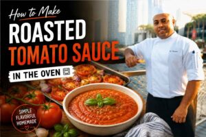 Professional chef in a white uniform standing by a waterfront promenade with a city skyline in the background, featured alongside a bowl of rich roasted tomato sauce garnished with fresh basil. The image includes roasted tomatoes, garlic, and herbs, with bold text reading “How to Make Roasted Tomato Sauce in the Oven,” creating an inviting food-blog or recipe-feature cover image.