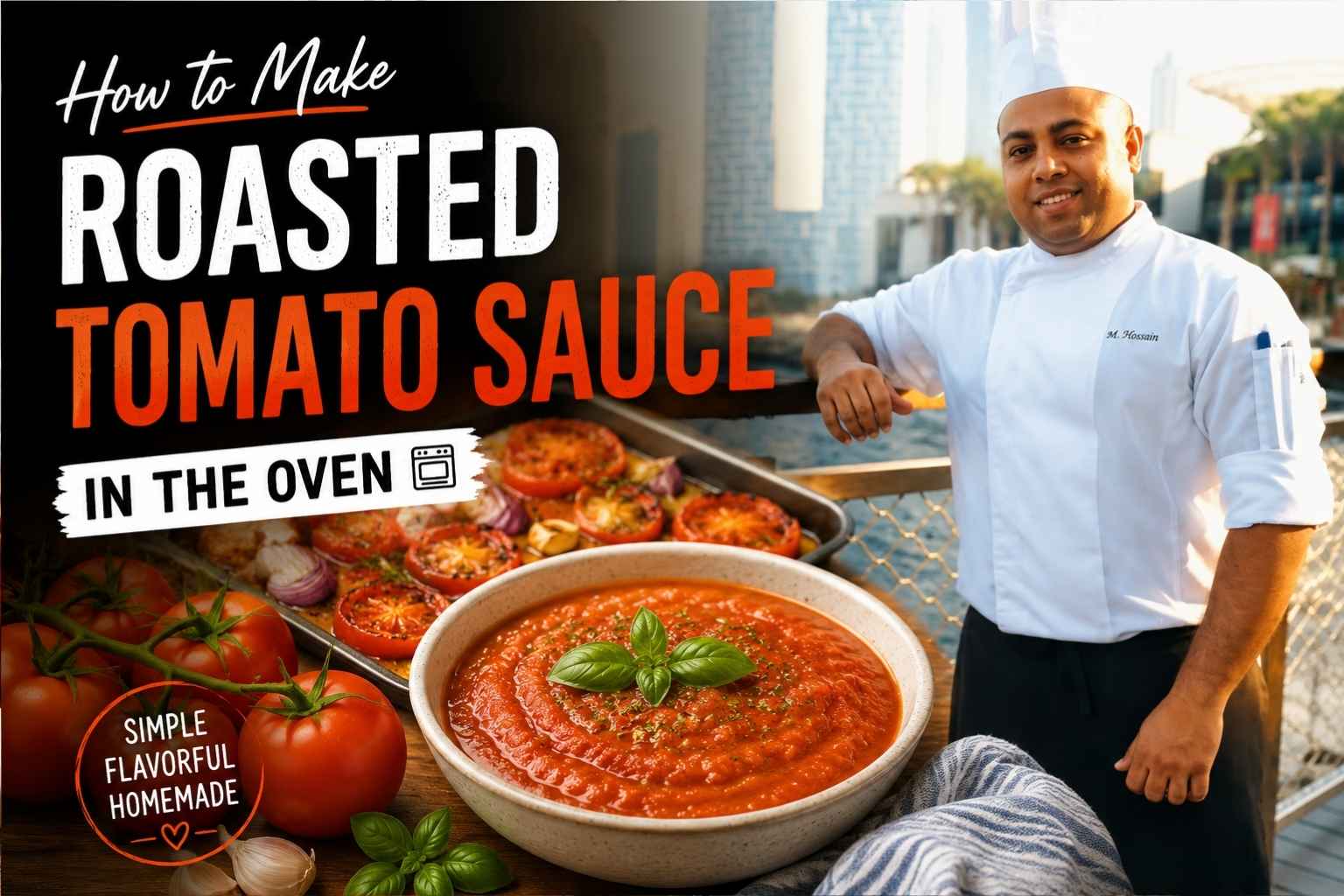 Professional chef in a white uniform standing by a waterfront promenade with a city skyline in the background, featured alongside a bowl of rich roasted tomato sauce garnished with fresh basil. The image includes roasted tomatoes, garlic, and herbs, with bold text reading “How to Make Roasted Tomato Sauce in the Oven,” creating an inviting food-blog or recipe-feature cover image.