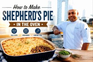 A smiling chef in a white uniform stands by a waterfront promenade with a modern city skyline in the background. In the foreground, a golden-brown baked shepherd’s pie in a casserole dish is displayed on a wooden table alongside a bowl of green peas. Large text reads, “How to Make Shepherd’s Pie in the Oven,” with icons highlighting easy steps, oven baking, and comfort food.