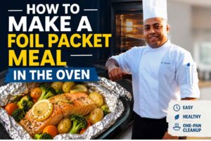 A chef in a white uniform and tall chef hat stands beside an oven-themed cooking scene, with a foil packet meal featuring salmon, vegetables, and potatoes in the foreground. Large bold text reads “How to Make a Foil Packet Meal in the Oven,” with icons highlighting easy, healthy, and one-pan cleanup benefits.