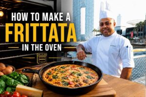 Feature image for “How to Make a Frittata in the Oven” showing a chef in a white uniform standing beside a waterfront city skyline, blended with a kitchen scene featuring an open oven, fresh ingredients, and a skillet frittata on a wooden counter. Large bold title text appears on the left.
