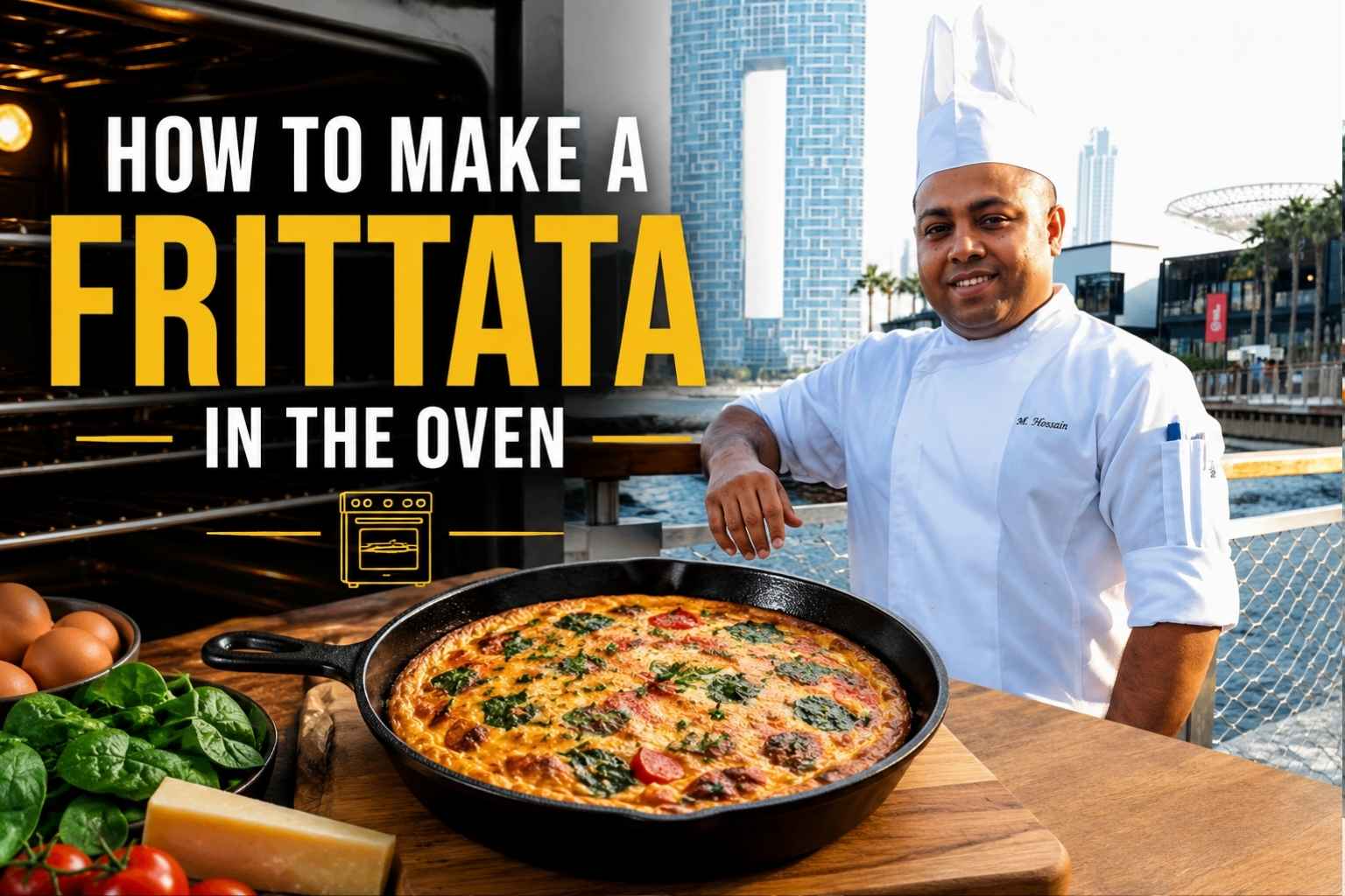 Feature image for “How to Make a Frittata in the Oven” showing a chef in a white uniform standing beside a waterfront city skyline, blended with a kitchen scene featuring an open oven, fresh ingredients, and a skillet frittata on a wooden counter. Large bold title text appears on the left.