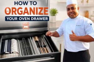A professional chef in a white uniform smiles beside an open oven drawer neatly organized with baking trays, muffin pans, cooling racks, and kitchen accessories in a modern kitchen. Large bold text reads, “How to Organize Your Oven Drawer – Simple Tips, Big Difference!” with icons highlighting benefits such as maximizing space, keeping items neat, and finding things easily. The bright, clean design creates an inviting and practical home organization theme.