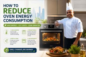 A professional feature image about reducing oven energy consumption. A smiling chef in a white uniform and tall chef hat stands beside a modern built-in oven in a bright contemporary kitchen. Large headline text reads “How to Reduce Oven Energy Consumption,” with a green banner highlighting energy savings, lower costs, and smarter cooking. The image includes illustrated tips such as cooking at the right temperature, preheating wisely, keeping the oven clean, and using the oven efficiently. A roasted meal is visible inside the oven, with additional cooked food displayed on the kitchen counter. The design uses green and blue colors to emphasize energy efficiency and sustainability.