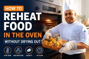 Feature image for “How to Reheat Food in the Oven Without Drying Out.” A chef in a white uniform stands beside an open oven holding a steaming glass baking dish filled with reheated food. Large bold text on the left reads “How to Reheat Food in the Oven Without Drying Out,” with small icons underneath highlighting tips: low temperature, add moisture, cover it, and go slow. Warm kitchen lighting emphasizes a fresh, appetizing result.