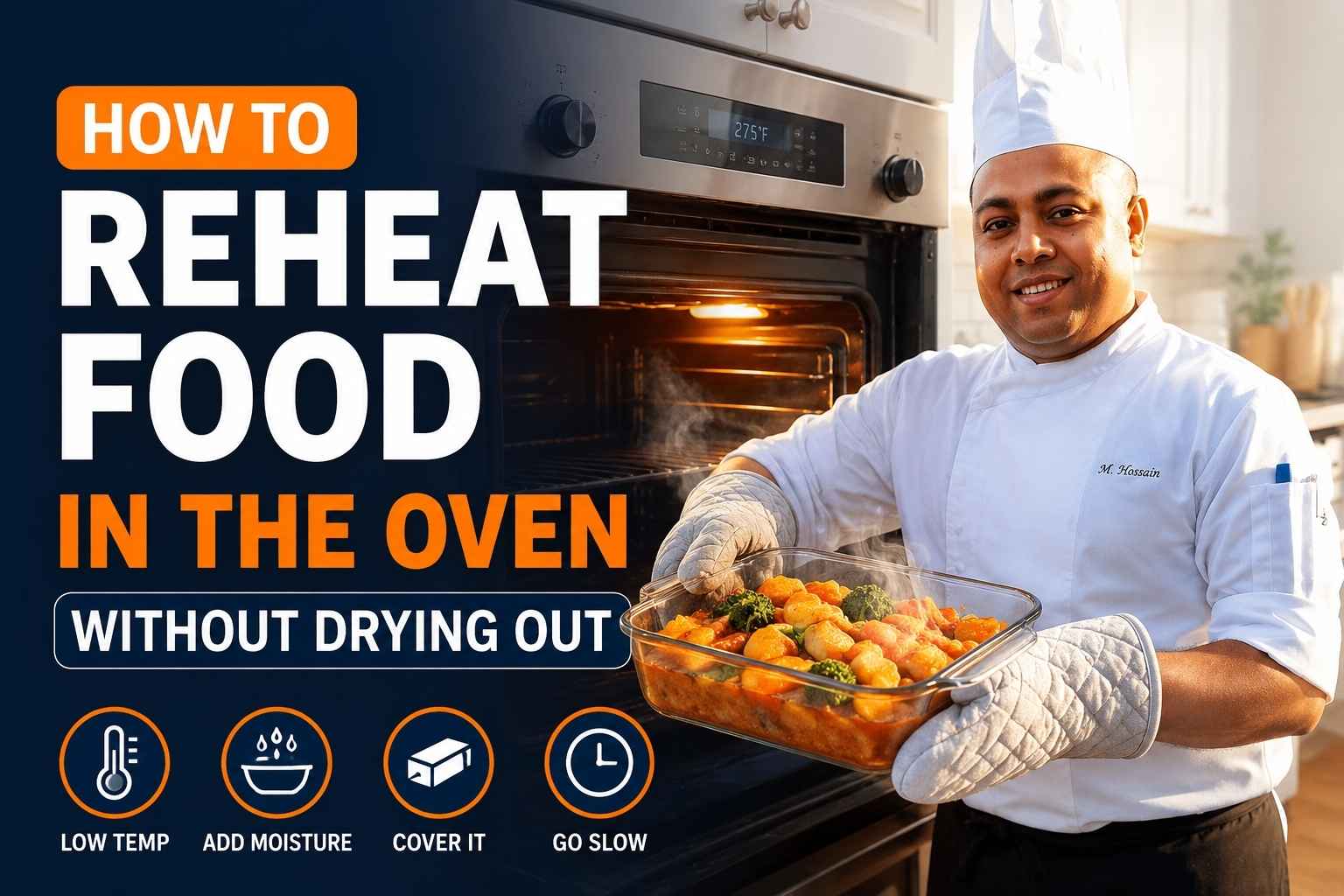 Feature image for “How to Reheat Food in the Oven Without Drying Out.” A chef in a white uniform stands beside an open oven holding a steaming glass baking dish filled with reheated food. Large bold text on the left reads “How to Reheat Food in the Oven Without Drying Out,” with small icons underneath highlighting tips: low temperature, add moisture, cover it, and go slow. Warm kitchen lighting emphasizes a fresh, appetizing result.