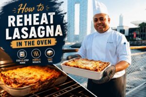 "Chef in a white uniform holding a freshly baked lasagna on a waterfront promenade with the headline 'How to Reheat Lasagna in the Oven.' The featured image also shows a lasagna baking in an oven and icons highlighting a step-by-step guide, perfect results, and easy tips."