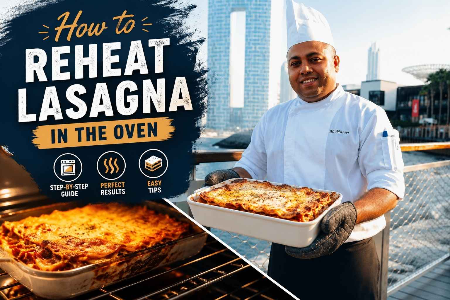 "Chef in a white uniform holding a freshly baked lasagna on a waterfront promenade with the headline 'How to Reheat Lasagna in the Oven.' The featured image also shows a lasagna baking in an oven and icons highlighting a step-by-step guide, perfect results, and easy tips."