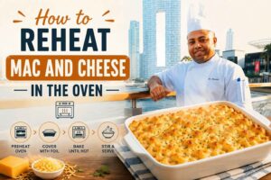 Chef standing by a waterfront promenade with a modern city skyline in the background, next to a large baked mac and cheese casserole. The feature image includes the title “How to Reheat Mac and Cheese in the Oven” and visual step-by-step instructions: preheat oven, cover with foil, bake until hot, and stir before serving. Perfect for a cooking guide or recipe tutorial.