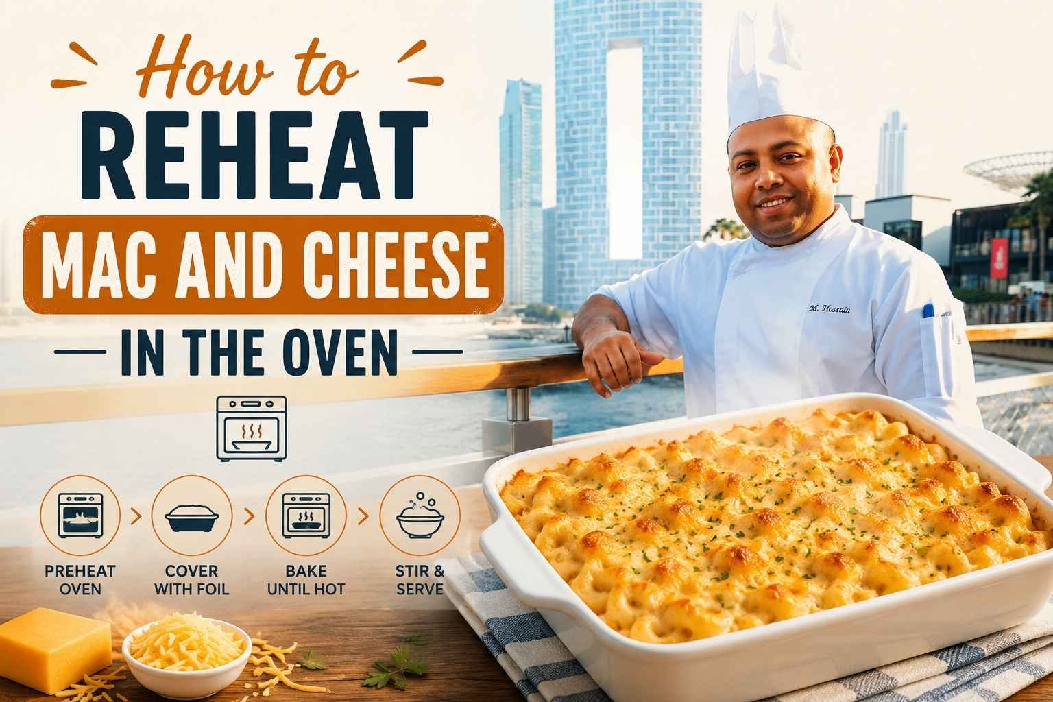 Chef standing by a waterfront promenade with a modern city skyline in the background, next to a large baked mac and cheese casserole. The feature image includes the title “How to Reheat Mac and Cheese in the Oven” and visual step-by-step instructions: preheat oven, cover with foil, bake until hot, and stir before serving. Perfect for a cooking guide or recipe tutorial.