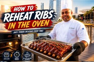 Professional chef in a white uniform holding a tray of freshly reheated barbecue ribs on a waterfront boardwalk with a modern city skyline in the background. Bold text reads “How to Reheat Ribs in the Oven,” accompanied by an oven graphic and icons highlighting low-and-slow cooking, perfect results, and fall-off-the-bone tenderness. Ideal feature image for a cooking tutorial or recipe guide.