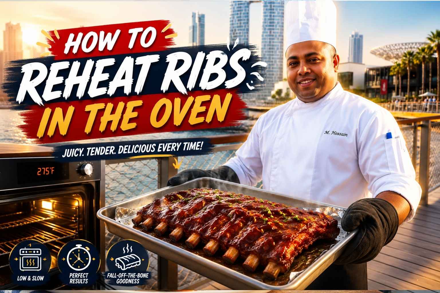 Professional chef in a white uniform holding a tray of freshly reheated barbecue ribs on a waterfront boardwalk with a modern city skyline in the background. Bold text reads “How to Reheat Ribs in the Oven,” accompanied by an oven graphic and icons highlighting low-and-slow cooking, perfect results, and fall-off-the-bone tenderness. Ideal feature image for a cooking tutorial or recipe guide.