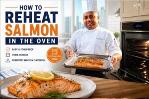 Chef holding a tray of freshly reheated salmon in a modern kitchen beside an open oven, with large text reading “How to Reheat Salmon in the Oven.” A plated salmon fillet garnished with lemon is displayed in the foreground, highlighting an easy step-by-step oven reheating method.