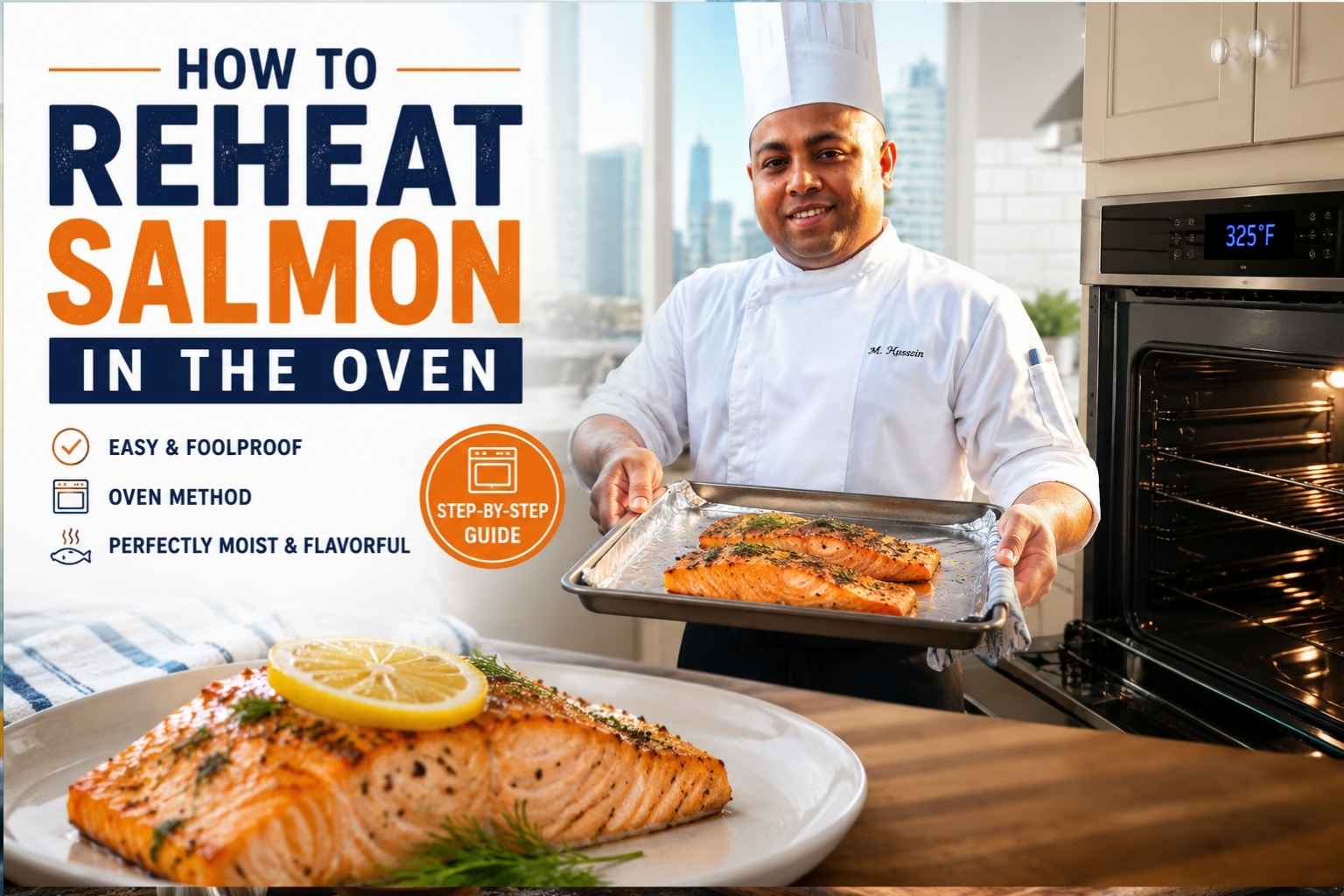 Chef holding a tray of freshly reheated salmon in a modern kitchen beside an open oven, with large text reading “How to Reheat Salmon in the Oven.” A plated salmon fillet garnished with lemon is displayed in the foreground, highlighting an easy step-by-step oven reheating method.