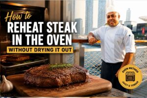 Feature image showing a professional chef in a white uniform standing confidently by a waterfront city skyline, alongside a large juicy steak on a wooden cutting board next to an open oven. Bold text reads “How to Reheat Steak in the Oven Without Drying It Out,” emphasizing a cooking tutorial focused on keeping steak tender and juicy.