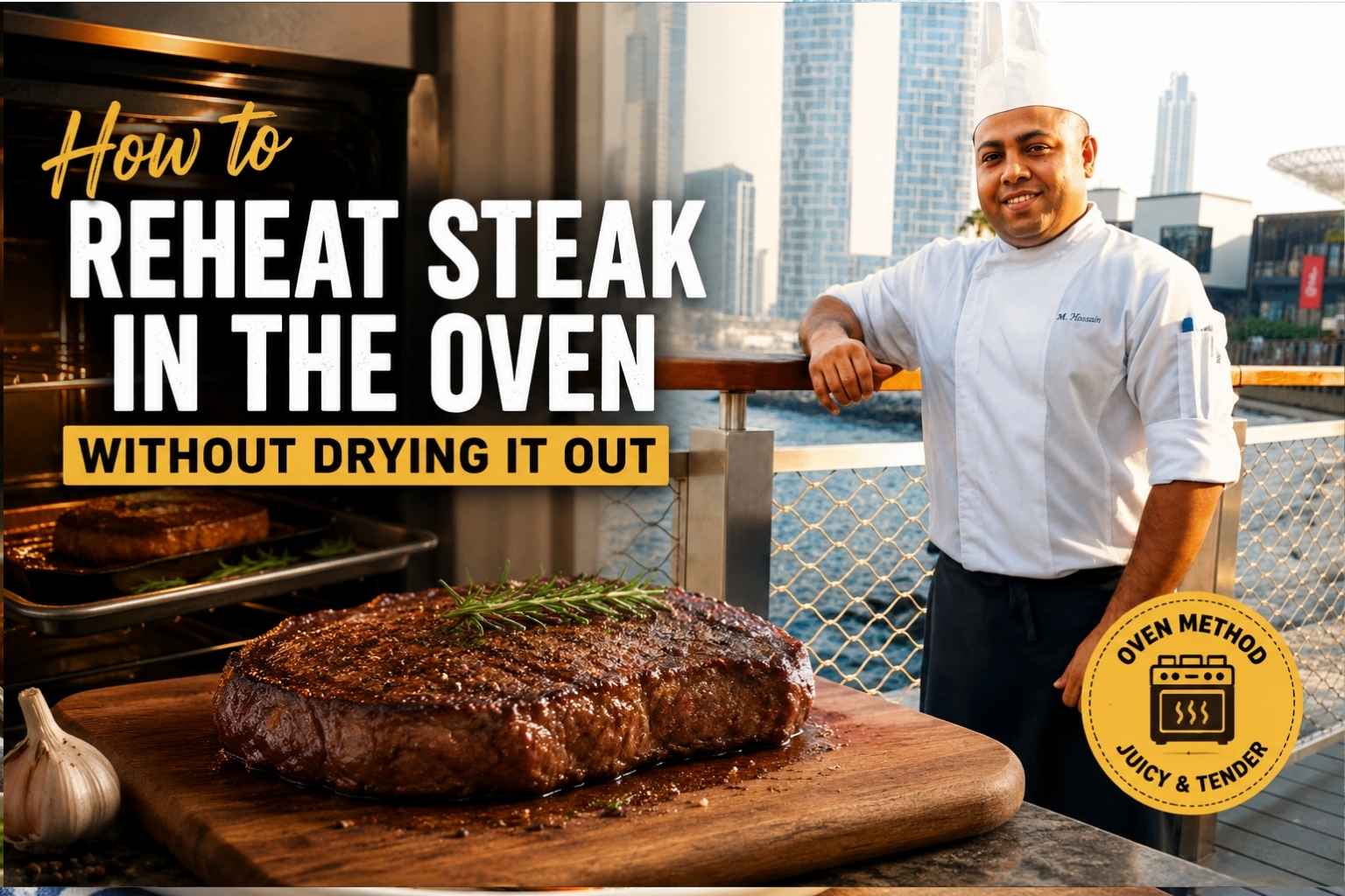 Feature image showing a professional chef in a white uniform standing confidently by a waterfront city skyline, alongside a large juicy steak on a wooden cutting board next to an open oven. Bold text reads “How to Reheat Steak in the Oven Without Drying It Out,” emphasizing a cooking tutorial focused on keeping steak tender and juicy.