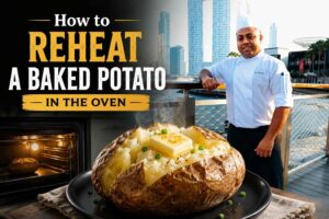 Feature image showing a professional chef in a white uniform standing by a waterfront city skyline, alongside a steaming baked potato topped with butter and chives. Bold headline text reads “How to Reheat a Baked Potato in the Oven,” with an oven glowing in the background, creating a warm and inviting cooking tutorial design.