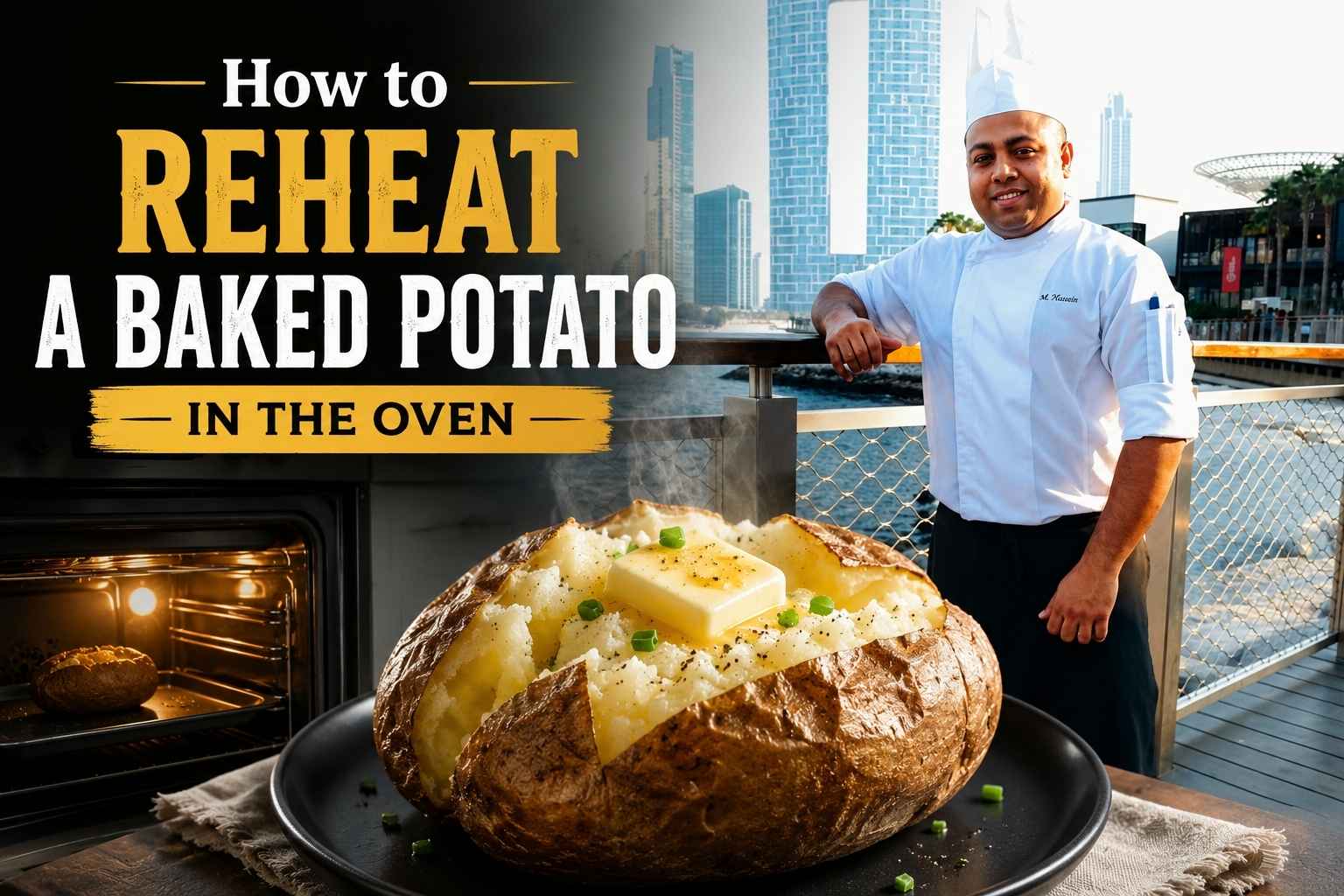 Feature image showing a professional chef in a white uniform standing by a waterfront city skyline, alongside a steaming baked potato topped with butter and chives. Bold headline text reads “How to Reheat a Baked Potato in the Oven,” with an oven glowing in the background, creating a warm and inviting cooking tutorial design.