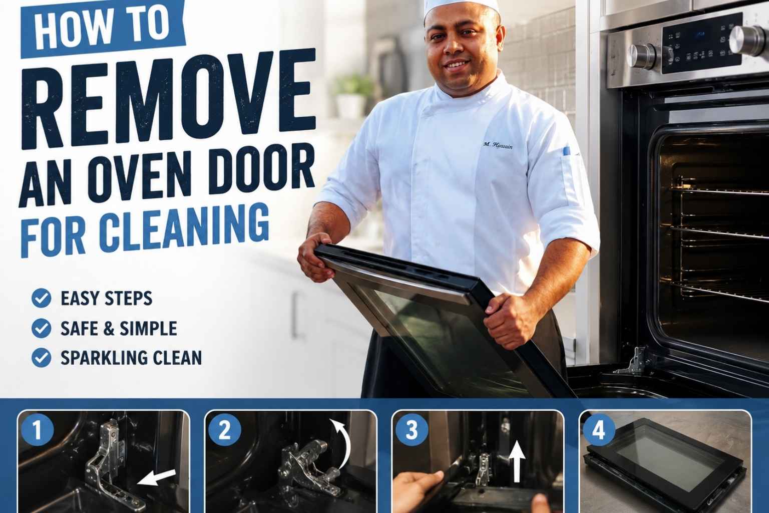 Professional chef demonstrating how to remove an oven door for cleaning in a modern kitchen, holding a detached oven door beside an open oven with step-by-step removal instructions.