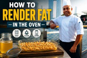 Professional chef standing on a waterfront boardwalk with a modern city skyline in the background beside a display of rendered fat. The feature image includes a glass jar of golden cooking fat, a baking dish filled with pork fat pieces, and bold text reading “How to Render Fat in the Oven,” along with icons highlighting that the method is easy, clean, and long-lasting.