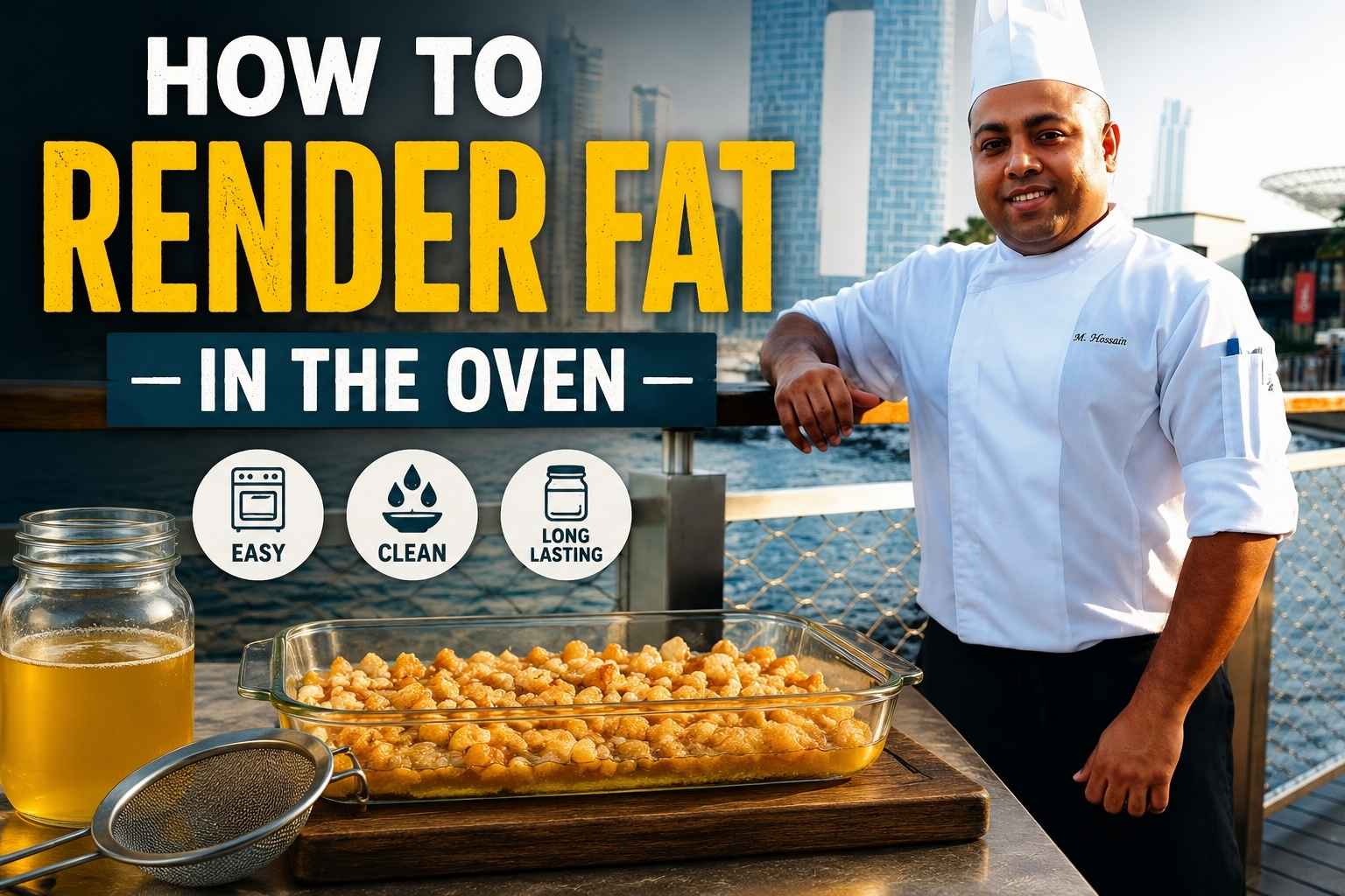 Professional chef standing on a waterfront boardwalk with a modern city skyline in the background beside a display of rendered fat. The feature image includes a glass jar of golden cooking fat, a baking dish filled with pork fat pieces, and bold text reading “How to Render Fat in the Oven,” along with icons highlighting that the method is easy, clean, and long-lasting.