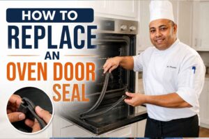 A smiling chef in a white uniform stands beside an open oven, holding a replacement oven door seal in a bright modern kitchen. Large bold text reads “How to Replace an Oven Door Seal,” with a close-up inset showing the rubber seal detail. The image is designed as a step-by-step DIY appliance repair guide thumbnail.
