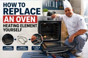 Large bold text reads “How to Replace an Oven Heating Element Yourself.” On the right, a chef in a white uniform and tall chef hat kneels beside an open stainless-steel oven in a modern kitchen. The oven door is open, with heating elements, tools, gloves, and a screwdriver arranged on the floor in front. Along the bottom left, three circular step illustrations show the process: removing the old heating element, installing the new one, and testing the oven. The overall design uses clean, high-contrast colors and a tutorial-style layout.